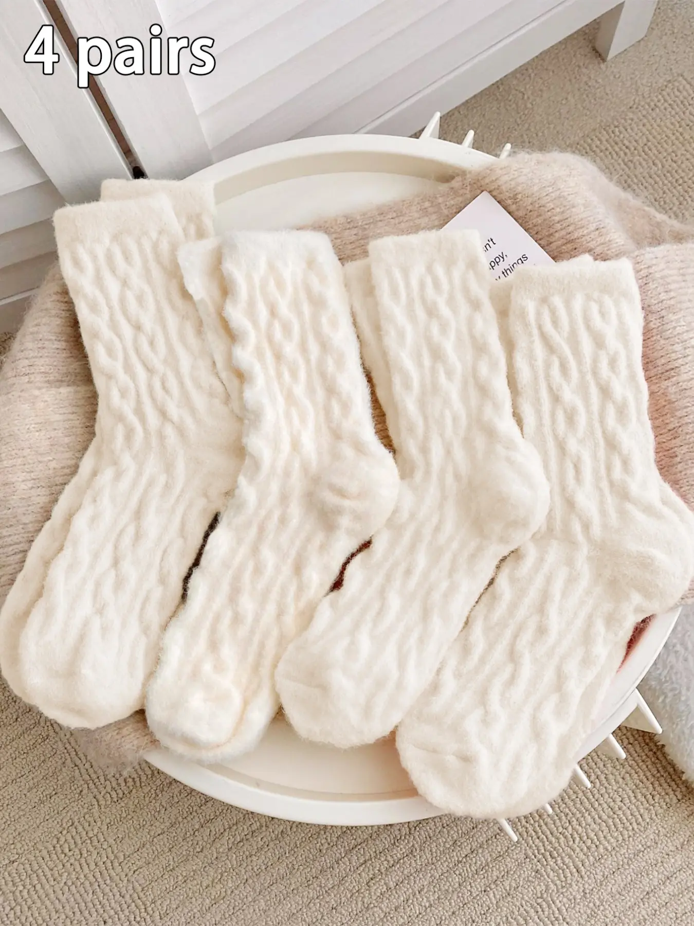 4 Pairs Women's Fuzzy Warm Mid-Calf Socks, Embossed Texture, Soft and Comfortable, Ideal for Fall Winter Daily Use, Home, Gift, Cute Textured Socks