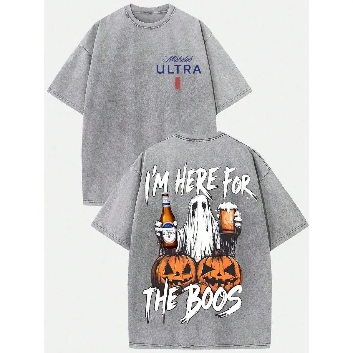 Unisex Vintage Washed Round Neck Short Sleeve T-Shirt - "I'm Here For The Boos" Pumpkin Ghost Dual Print Casual Top For Adult Halloween Enthusiasts