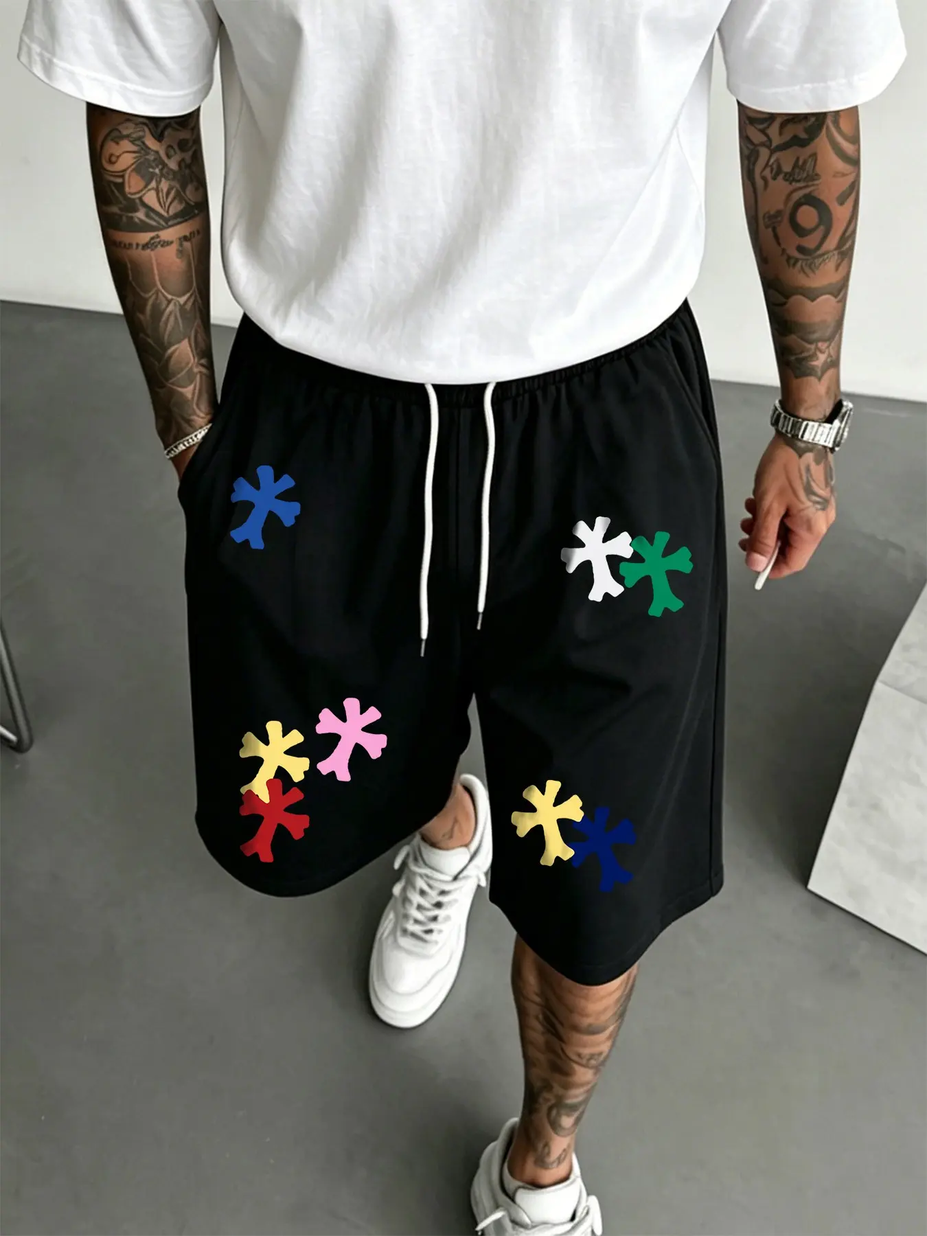 Summer Men's Streetwear Cropped Shorts, Cross Print, Elastic Waist, Side Pockets, Breathable, Casual Fashion, Outdoor Activities