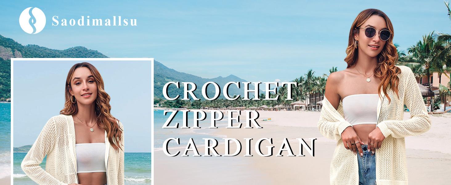 Saodimallsu Women's Crochet Lightweight Cardigan Zip Up Hooded Long Sleeve Knit Sweater Mesh Beach Swim Cover Up for Summer SpringStatements Swimsuit Coverup