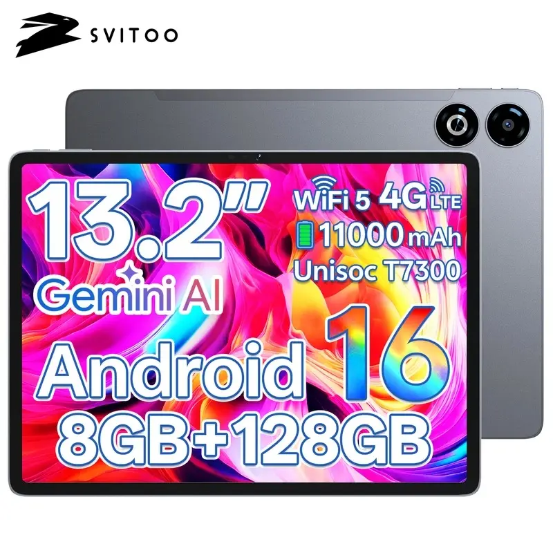 SVITOO Tablet 2026 Android 16 13 Inch 2240 x 1600 2K 90Hz Display Large Screen Unisoc T7300 Octa-Core Processor 8GB RAM Physical Memory 128GB ROM 1TB Expandable 11000mAh Battery 2.4GHz 5GHz WiFi 5 Bluetooth 5.0 GPS Widevine L1 20W Fast Charging With Case