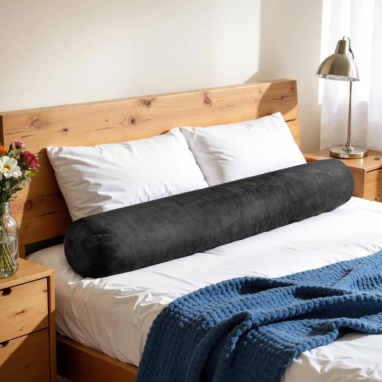 7.8"x60" Body Pillow for Queen Bed, Bolster w/Removable Polyester Cover, Headboard Gap Filler Pillow, Black