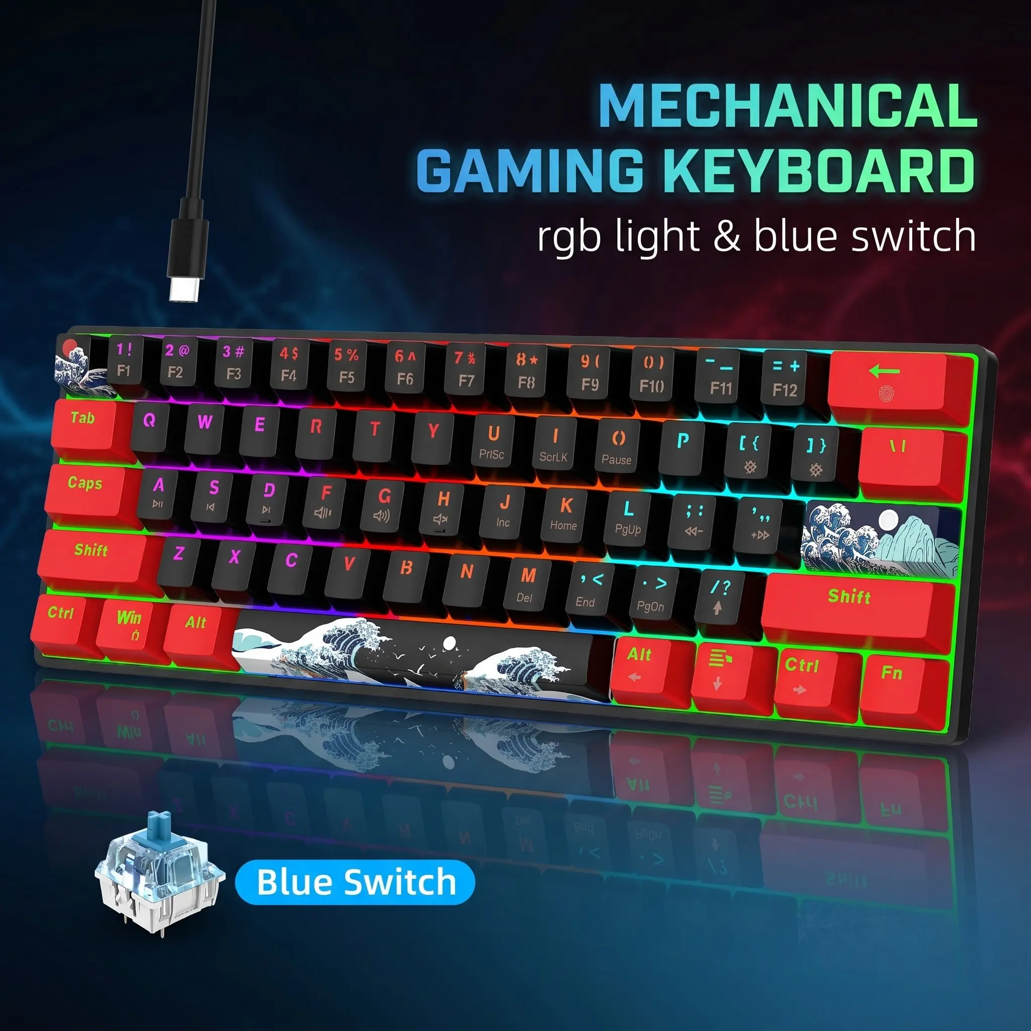 Portable 61 Key Illuminated Mechanical Keyboard, Lighted Keyboard, Blue Switches Backlit Mini Compact Gaming Keyboard, Ergonomic Wired Keyboard for Windows Laptop Desktop, LED Backlit Keyboard