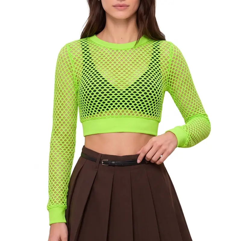 Women's Polyester Sheer Mesh Cropped Longsleeves Top - Coordinates for Denim Outfits, Summer Wear, Round Neck
