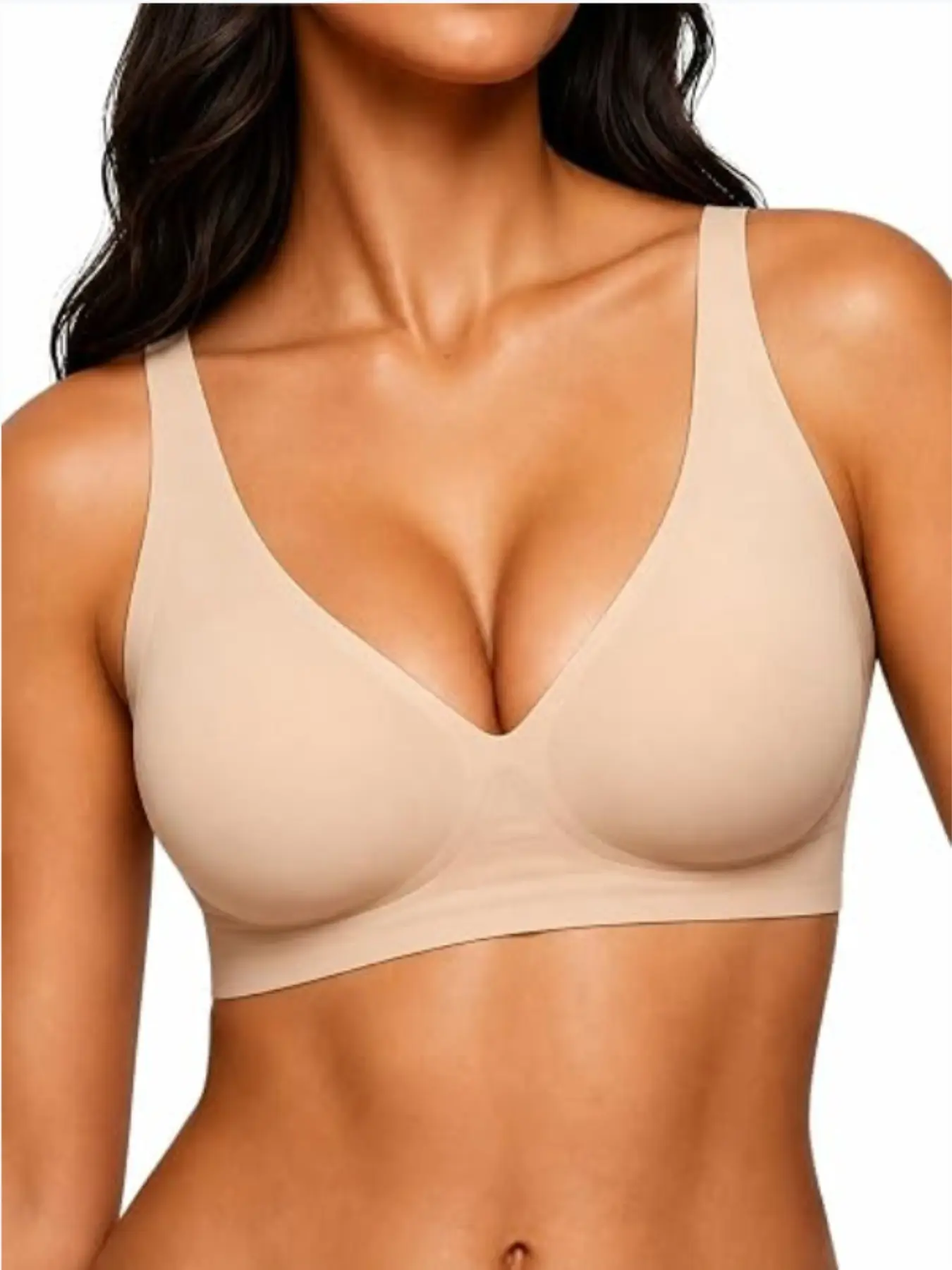 Deep V Seamless Smooth Bralette, Soft Medium Support, Slim-Fitting, No Underwire, Elegant Plain Design, Women's Lingerie for All Seasons