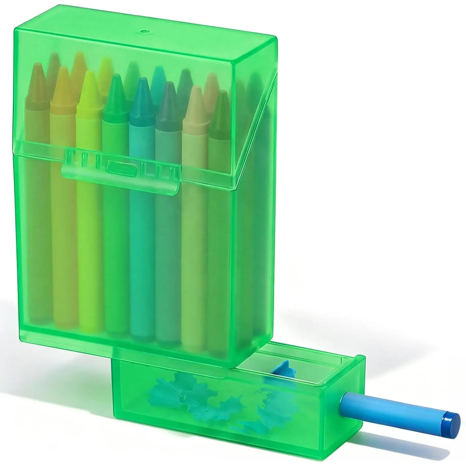 1 count 2 in 1 Plastic Clear Crayon Box With Sharpener Bulk Holds 24 Crayons Plastic Crayon Boxes With Hinged Lid and Snap Closure for Pen School Office Supplies Organization (Green)