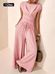Women's Two-Piece Set, Cross-Tie Top and Wide-Leg Pants, Summer Sleeveless Slim Fit, Comfortable and Stylish Clothing