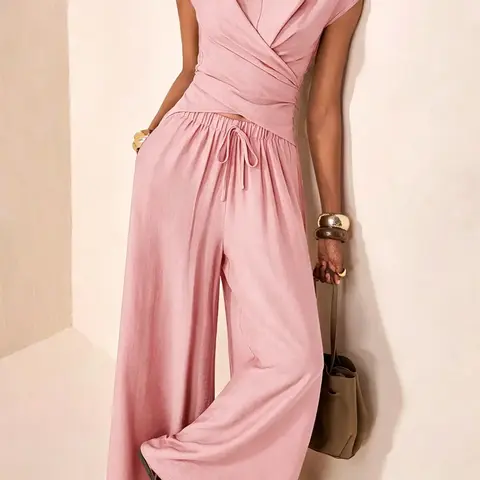 Women's Two-Piece Set, Cross-Tie Short Sleeve Top & High Waist Wide-Leg Pants, Casual Soft Style Matching Outfit
