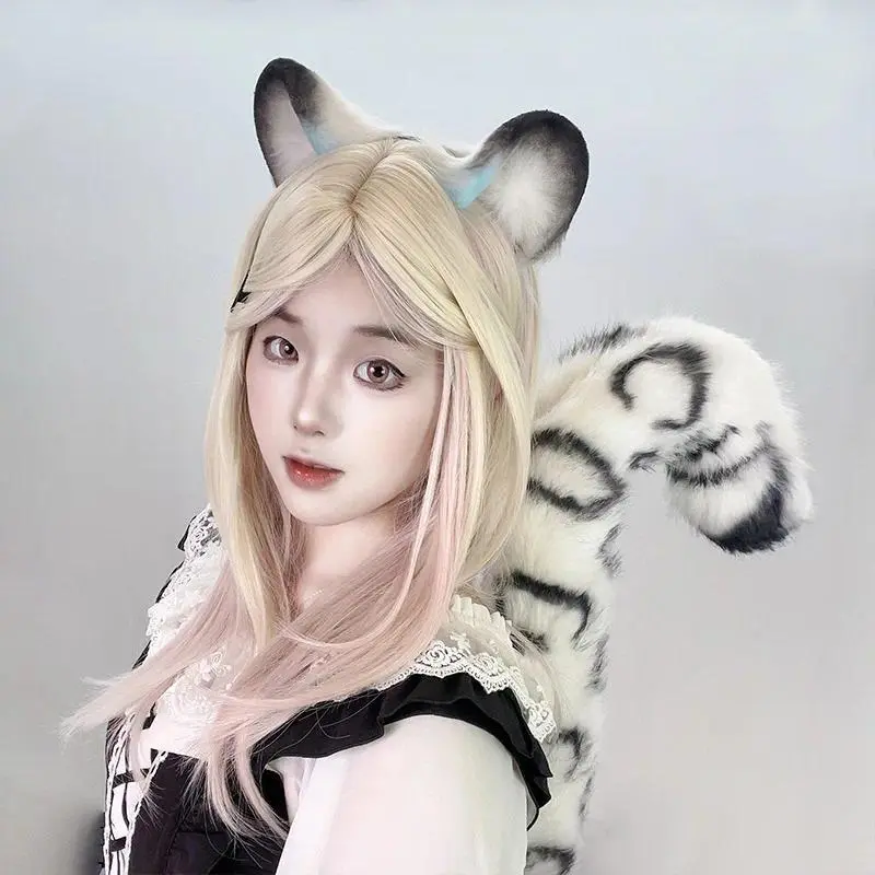 Handmade Leopard Theme Plush Fur Accessories Set - Snow Leopard Furry Ears Headband, Exhibition Tail - Cosplay Props for Night Party (Toys & Hobbies DIY Felt Crafts Costumes), Handmade Set