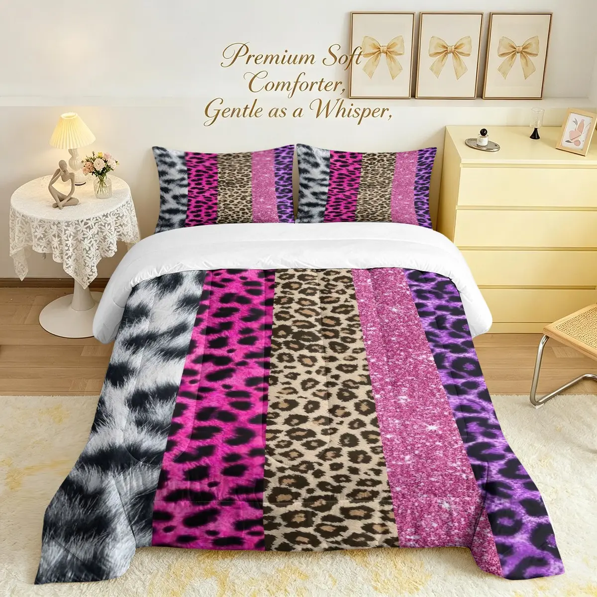 2/3‑Pcs Leopard Print Comforter Set, Bedding Set, Pink‑Purple Cheetah Glitter Patchwork, Soft Fluffy All‑Season Quilted Comforter, 1 Comforter +1/2 Pillowcases(No Inserts), Fade Resistant for Bedroom Home Decor