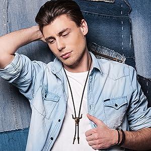 Jstyle 6 Pcs Leather Bolo Tie Turquoise Handmade Round Shape Western Cowboy Native American Bola Tie for Men Women