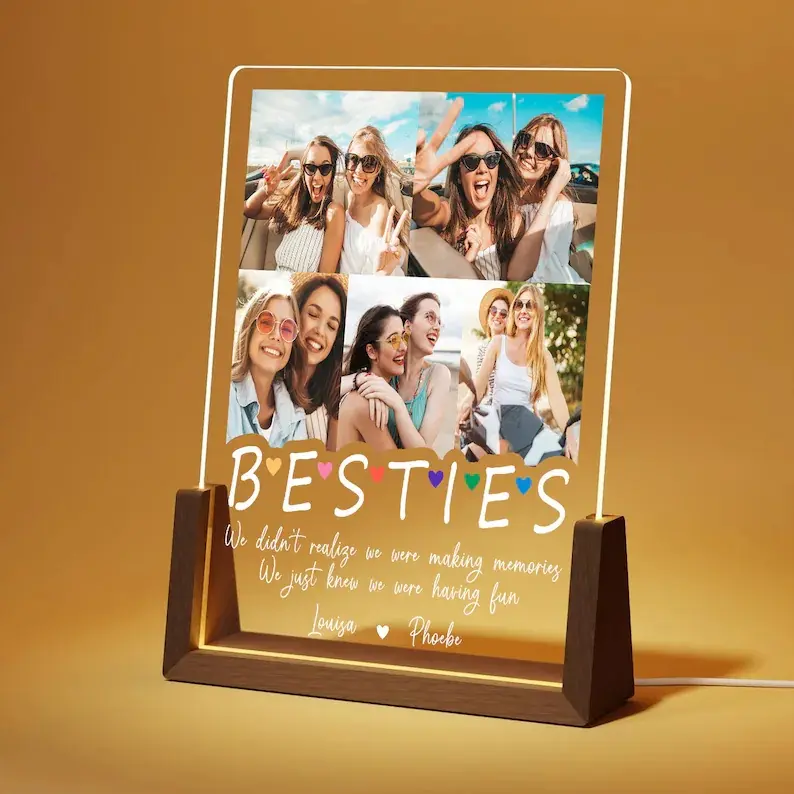 Custom Bestie Photo Collage Glass Night Light, Personalized Friendship Picture Lamp, Soul Sister Birthday Gift, Best Friend LED Plaque, Perfect Birthday or Graduation Gift for Her