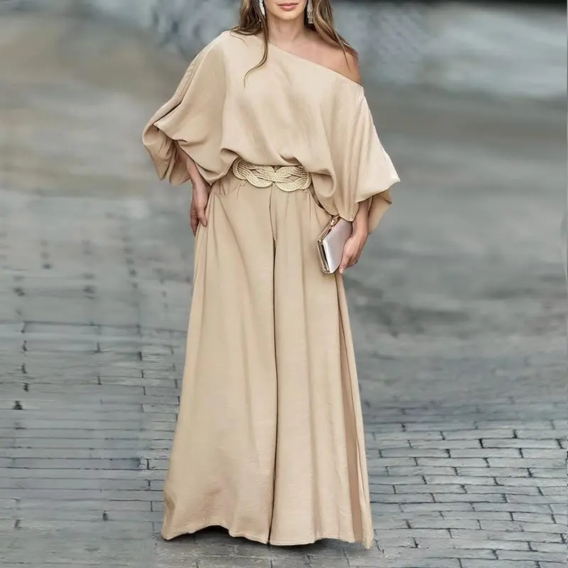 2026 Women's Skew Neck Lantern Sleeve Top & Wide Leg Pants Set – Perfect for Valentine's Day, Wedding & Wedding Guest Looks