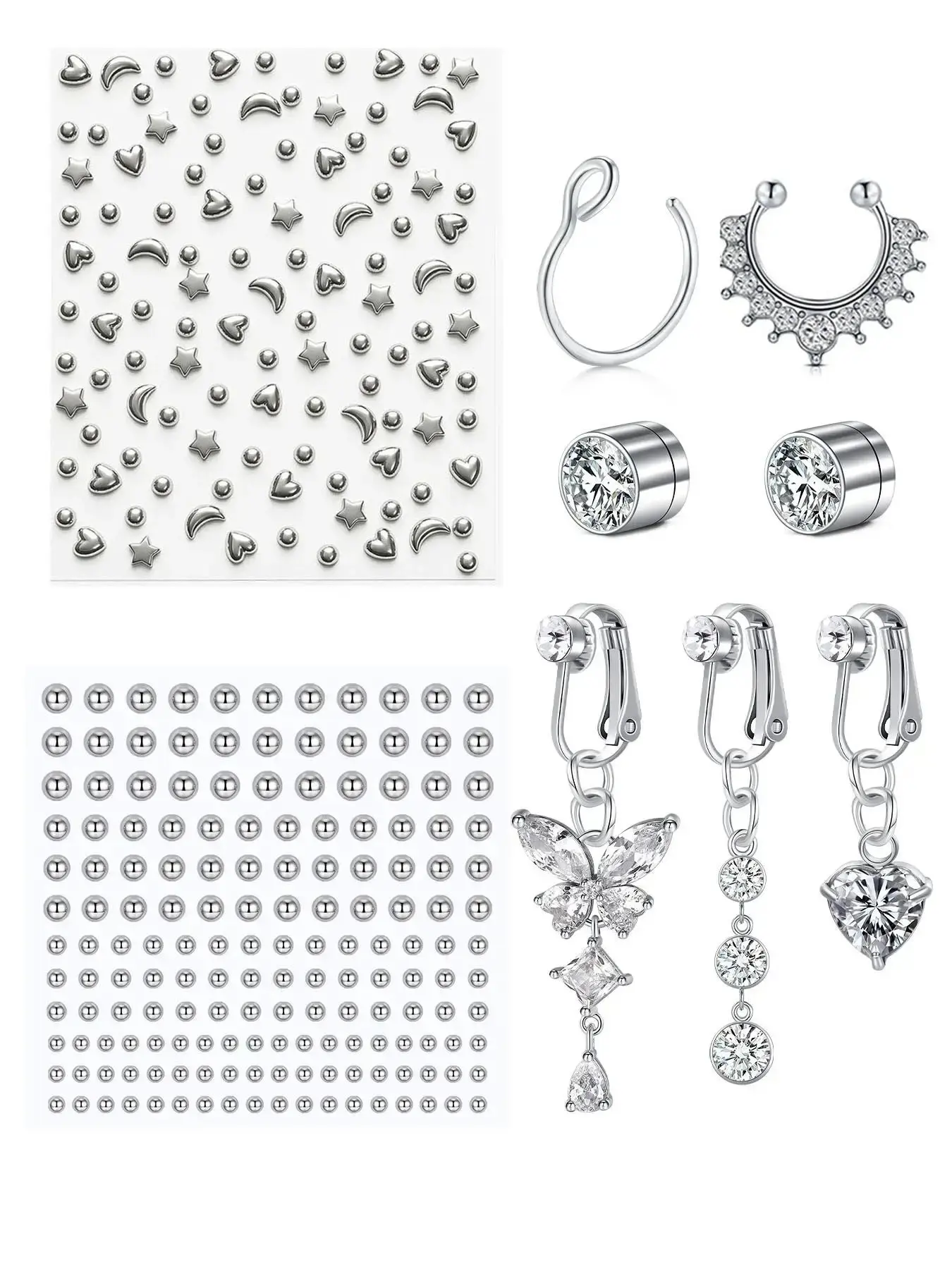 Fashionable Fake Piercing Jewelry for Women,Y2K Artificial Zircon Belly Ring Set, Nose Piercing Kit, Fake Nose Ring, Magnetic Nose Stud, Fake Belly Button Ring, Stick on Jewelry