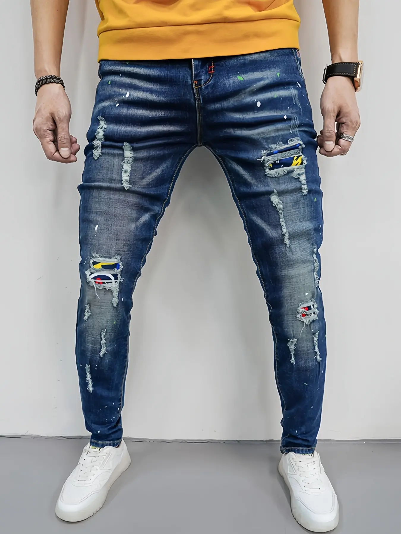 New Men's Ripped Patch Elastic Jeans, Graffiti Design, Slim Fit, Trendy Fashion, Perfect for Outdoor Parties, All Seasons Wear