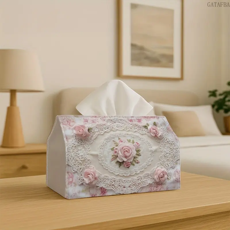 Rose Pattern Leather Tissue Box, Waterproof Household Tissue Storage Organizer