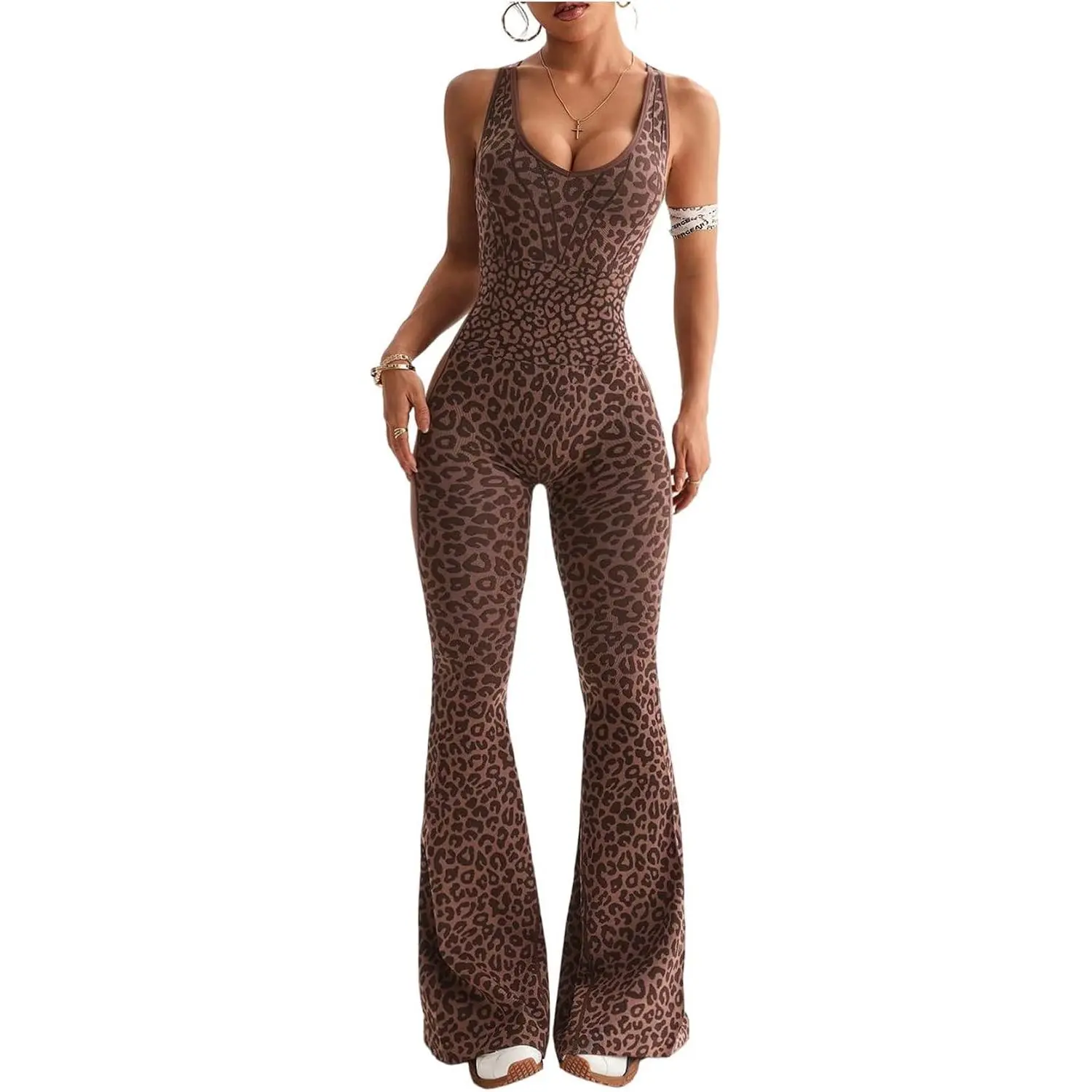Women's Cheetah Print Workout Sets Yoga Jumpsuit Criss Cross Sleeveless Work Out Clothes Flared Pants JumpsuitsGift