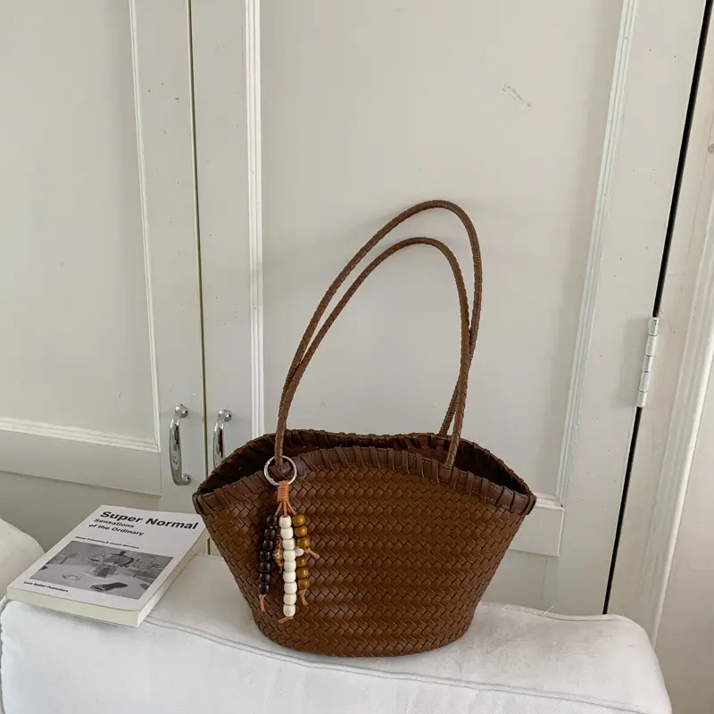 Women Summer Large Capacity Woven Bucket Bag Fashion Commuter Shoulder Handbag Versatile Basket Tote Purse Daily Travel Beach Bag