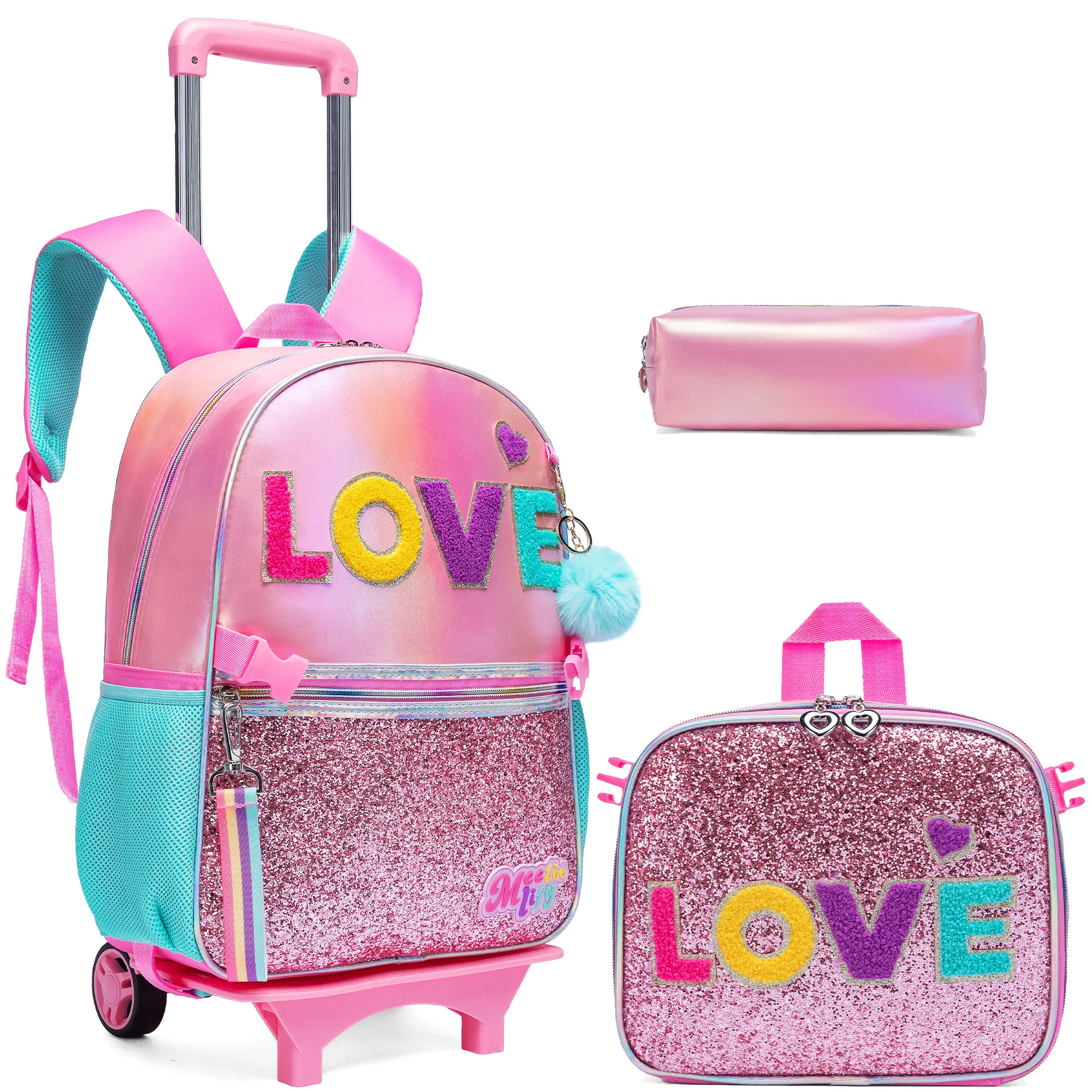 Girls' 3-Piece Nylon Holographic Lightweight Rolling Backpack Set with Wheels, Glitter Love Chenille Letter Patch, Sweet Chic Shimmering Lunch Box, School Use Wheeled Trolley Bookbag, Trolley Bag, Backpacks For Girls, Nylon Fabric, Backpacks For School