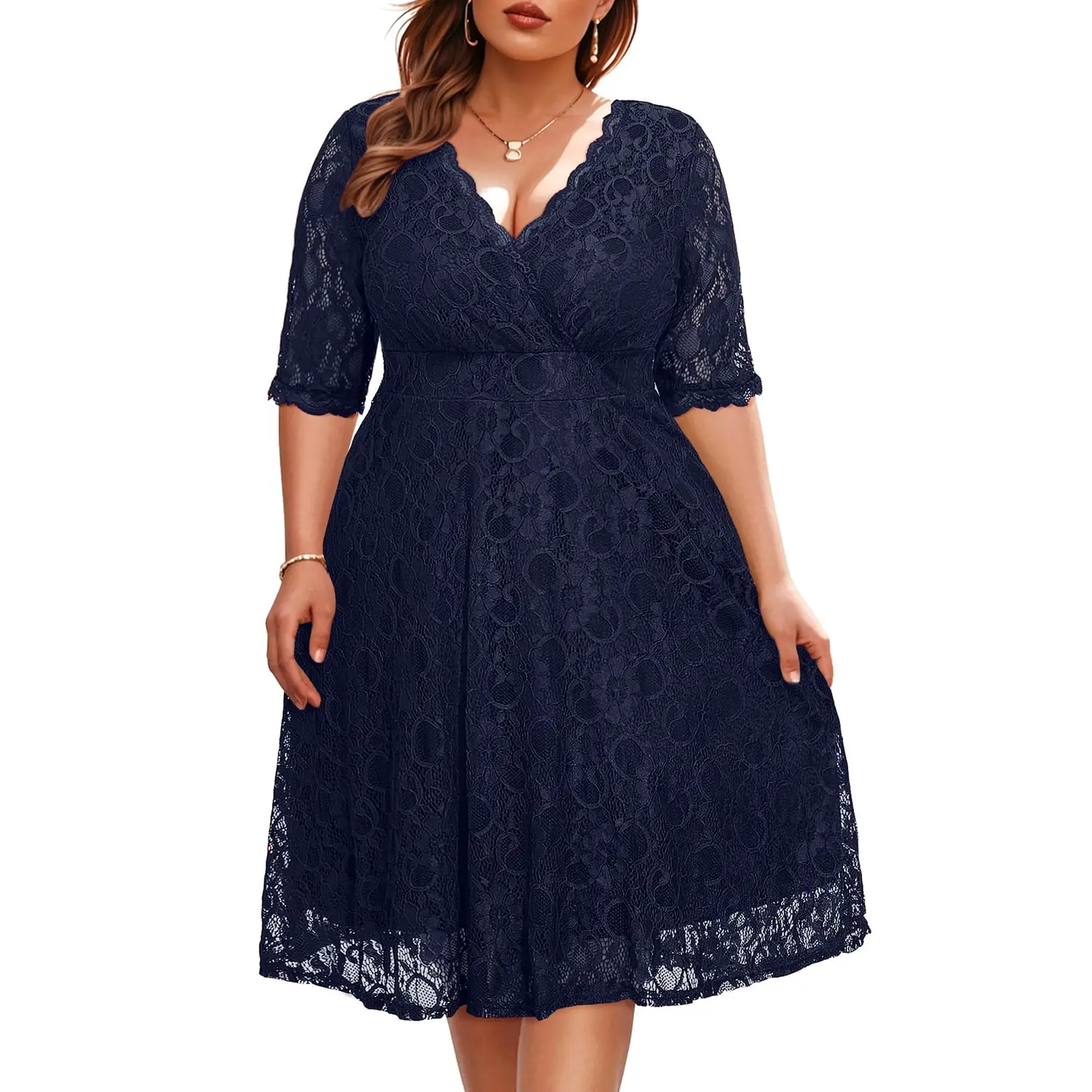 Pinup Fashion Women Lace V Neck Plus Size Cocktail Dress Knee Length Bridal Wedding Formal Casual Party Wedding Guest Dresses