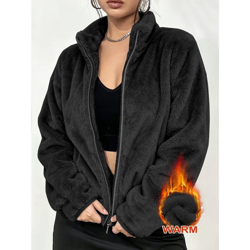 Women's Autumn Winter Long Sleeve Casual Double-Sided Plush Fleece Jacket - Solid Color Zipper Cardigan Coat, Stand Collar, Pockets, Ultra Warm Tops for Women Sports Outerwear