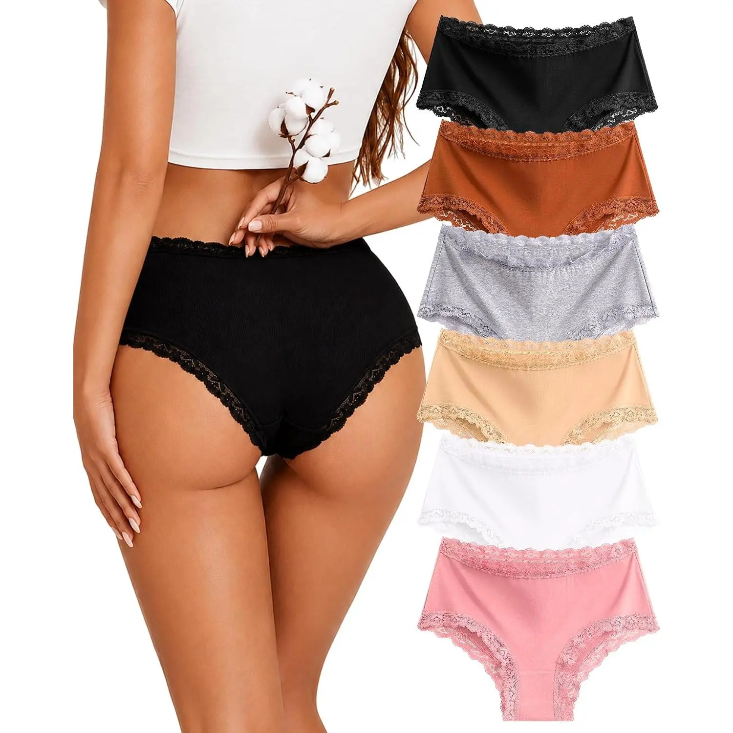Womens Cotton Underwear High Waisted Sexy Soft Lace Cheeky Ladies Panties | 6 Packs Cotton Underwear, Lace Bikini Briefs Girls, Lingerie for Ladies Gifts, Women's Clothing, Gym Work Yoga