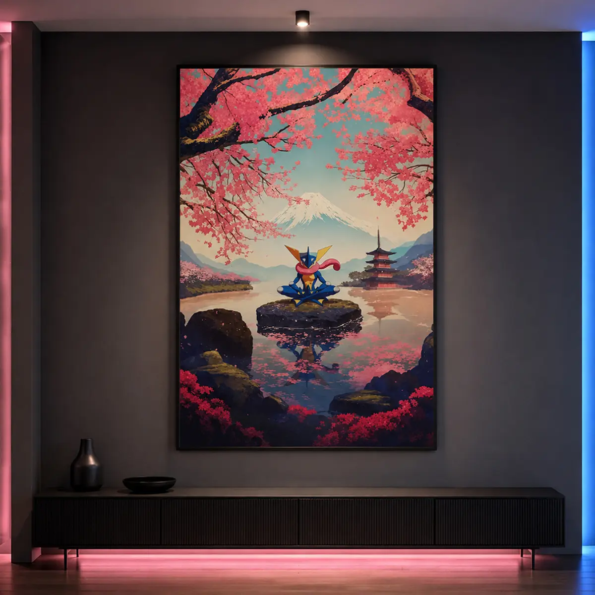Mount Fuji Greninja Poké Poster - Japanese Tapestry Style Graphic Illustration, Lightweight Anime Bedroom Wall Art, Creative Design Print, Manga Fan Gift, Aesthetic Room Decor, Gaming Room Decor, Otaku Decor