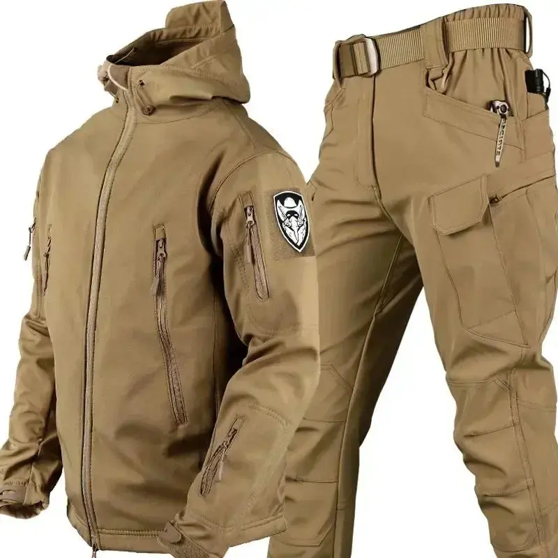 Men's Thick Winter Camo Tracksuit Sets, Waterproof Tactical 2-Piece Outdoor Set with Multi-Pocket Hooded Jacket & Fleece Pants (Sports & Outdoor Clothing)0106