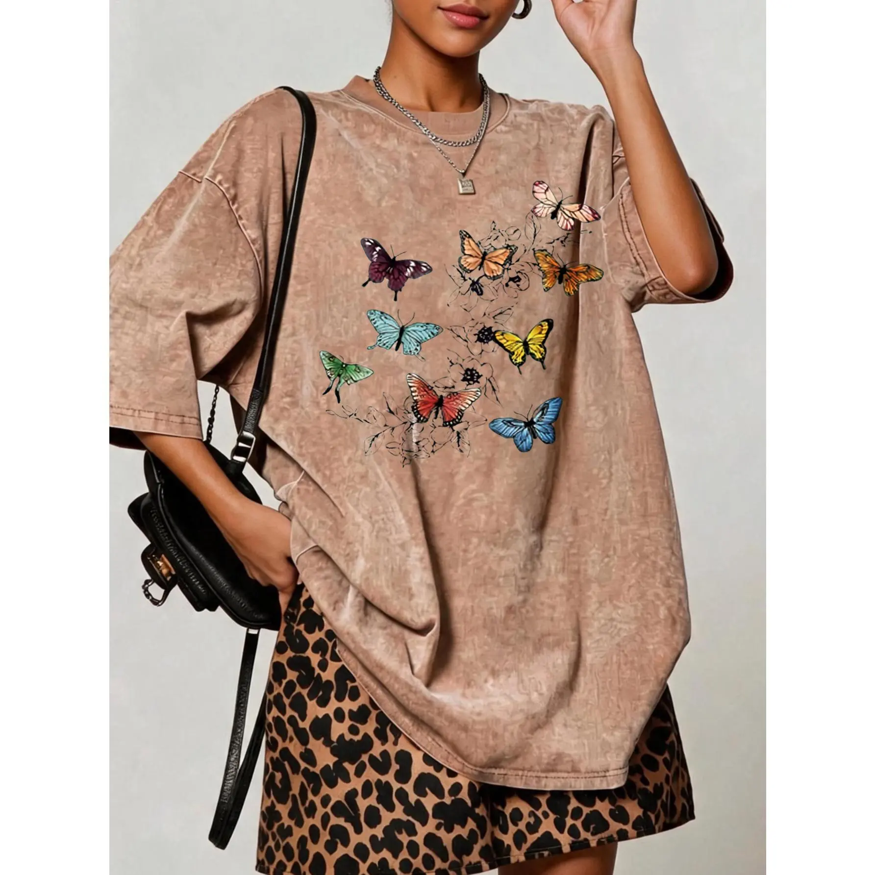 Women's Loose Acid-Wash Tshirt - 100% Cotton Round Neck, Colorful Embroidered Butterfly, Full Overprint Streetwear Top, Medium Length, Machine Washable, Hype Brand, Casual Spring Summer Outfits, Gift for Girlfriend