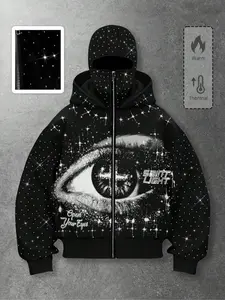 Y2K Street Retro Starry Sky Rhinestone Eye Zipper Sweatshirt, Black Full Rhinestone Fleece Lined Men's Jacket, Unisex Sweatshirt, Loose Fit Oversized Hooded Cardigan, Fleece Lined Warm Men's Sweatshirt, Autumn and Winter Casual Outing Top
