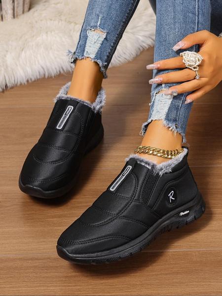 Women's Waterproof Solid Plush Lined Short Boots, Casual Warm Boots, Slip-On Soft Sole Non-Slip Winter Booties for Outdoor & Indoor Comfort, Lightweight Warm Slip-Ons