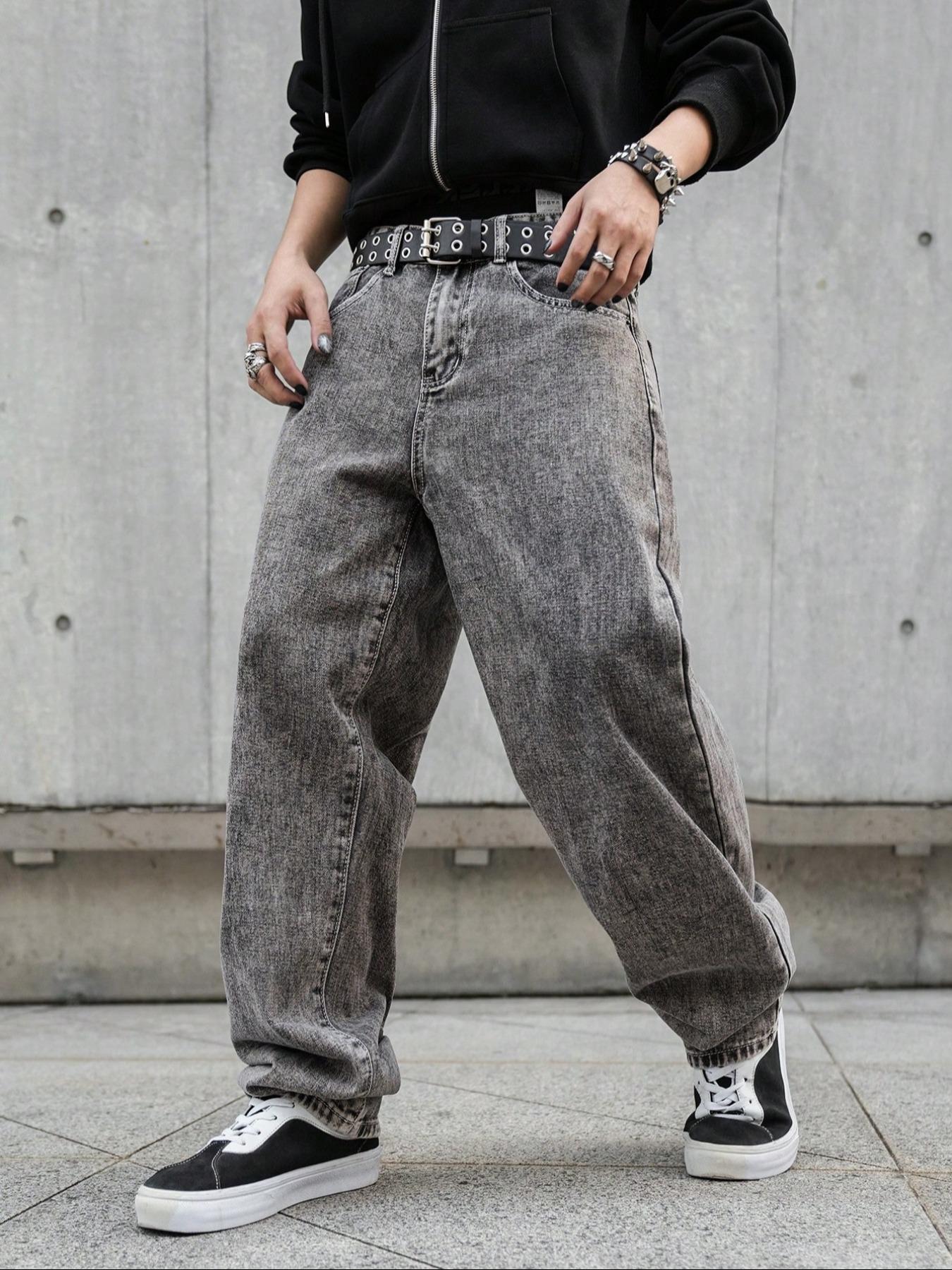 Men's Solid Color Wide Leg Multi Pocket Jeans, Loose Casual Comfy for Daily Wear, Woven Bottoms for All Seasons