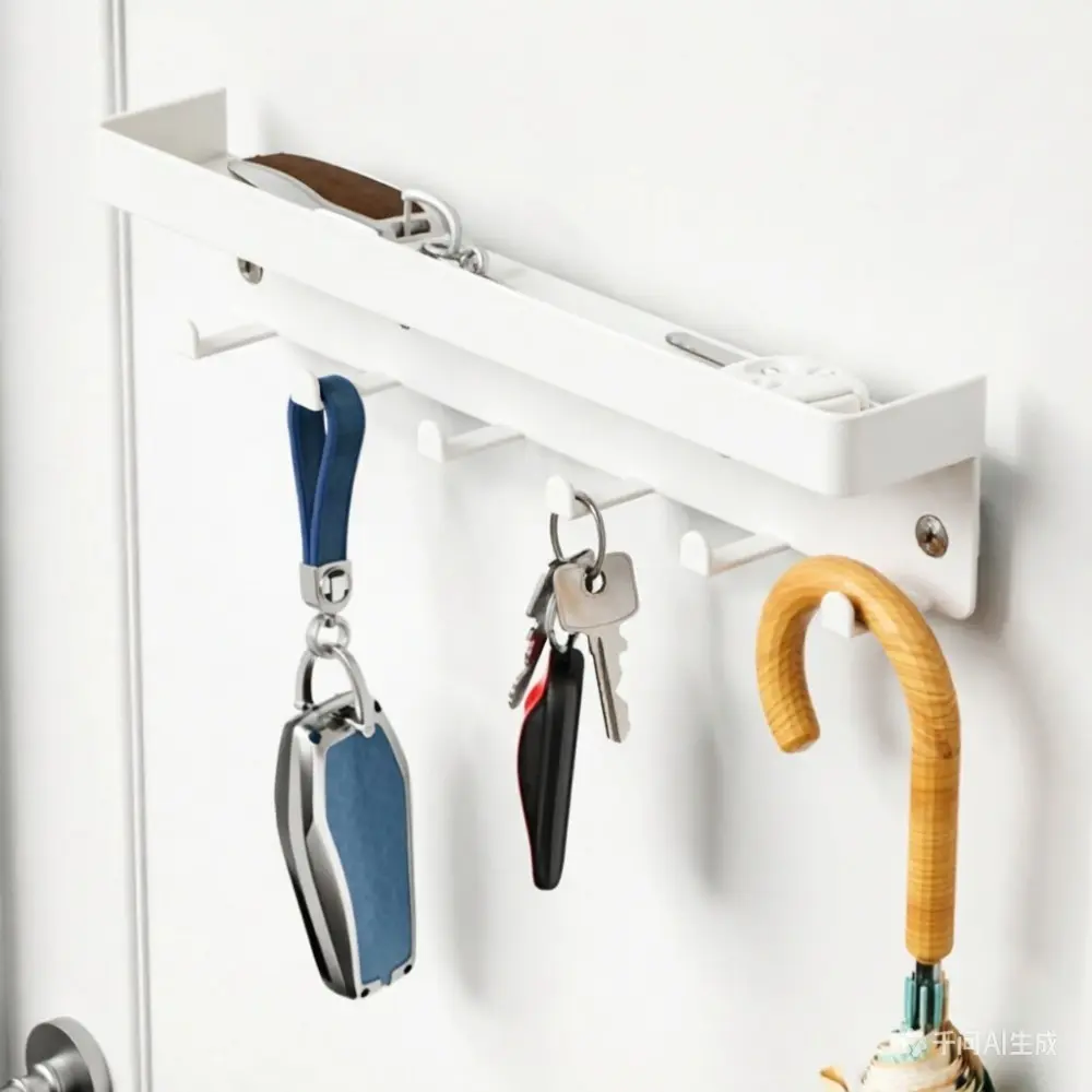 Key Holder Wall Mount, Adhesive Key Rack with6- 8 Hooks Hanger for Car Key Ring, Metal Key Chain Organizer, Black White 1 Pack ；Self-adhesive ；No drilling required, two installation modes, Hooks For Walls No Damage