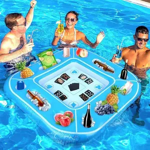 Pool Float Table--Inflatable Poker Table with Waterproof Cards and Built-in Ice Cooler, Floating Fruit Tray with Cup Holder, Suitable for Pool Lounging Areas, Beach Parties, and Lakeside Activities--Fun Summer Game Gift for Adults and Friends