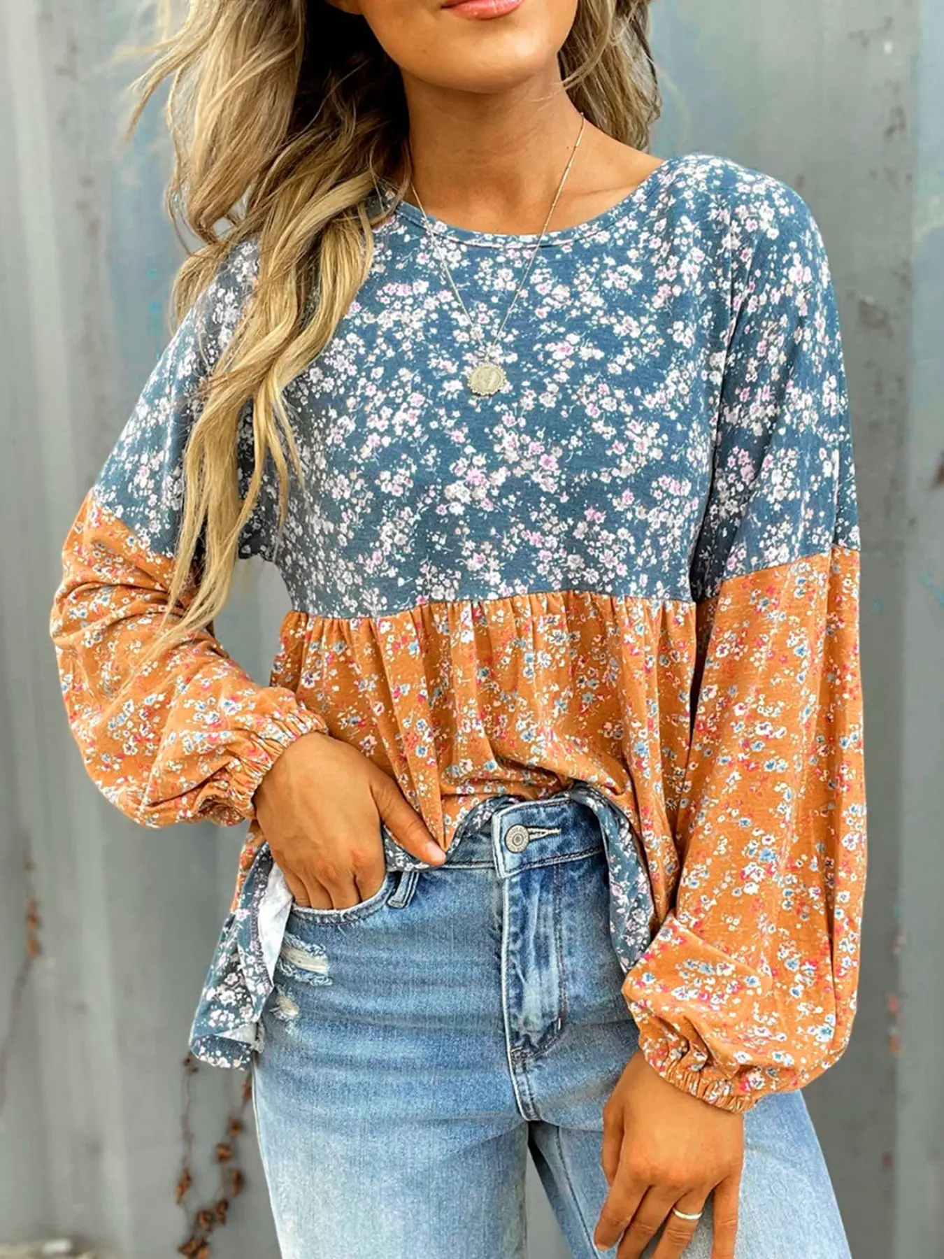 Spring Summer Floral Patchwork Ruffle Hem Round Neck Long Sleeve Top, Women's Fashion Casual Blouse, Stylish Ladies' Clothing
