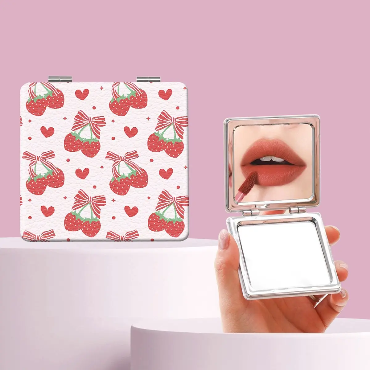 Millennial Y2K Heart Cherry Bow Makeup Mirror, Foldable Mini Handheld Mirror, Perfect Gift for Sisters, Friends, Girls, Weddings, Holidays