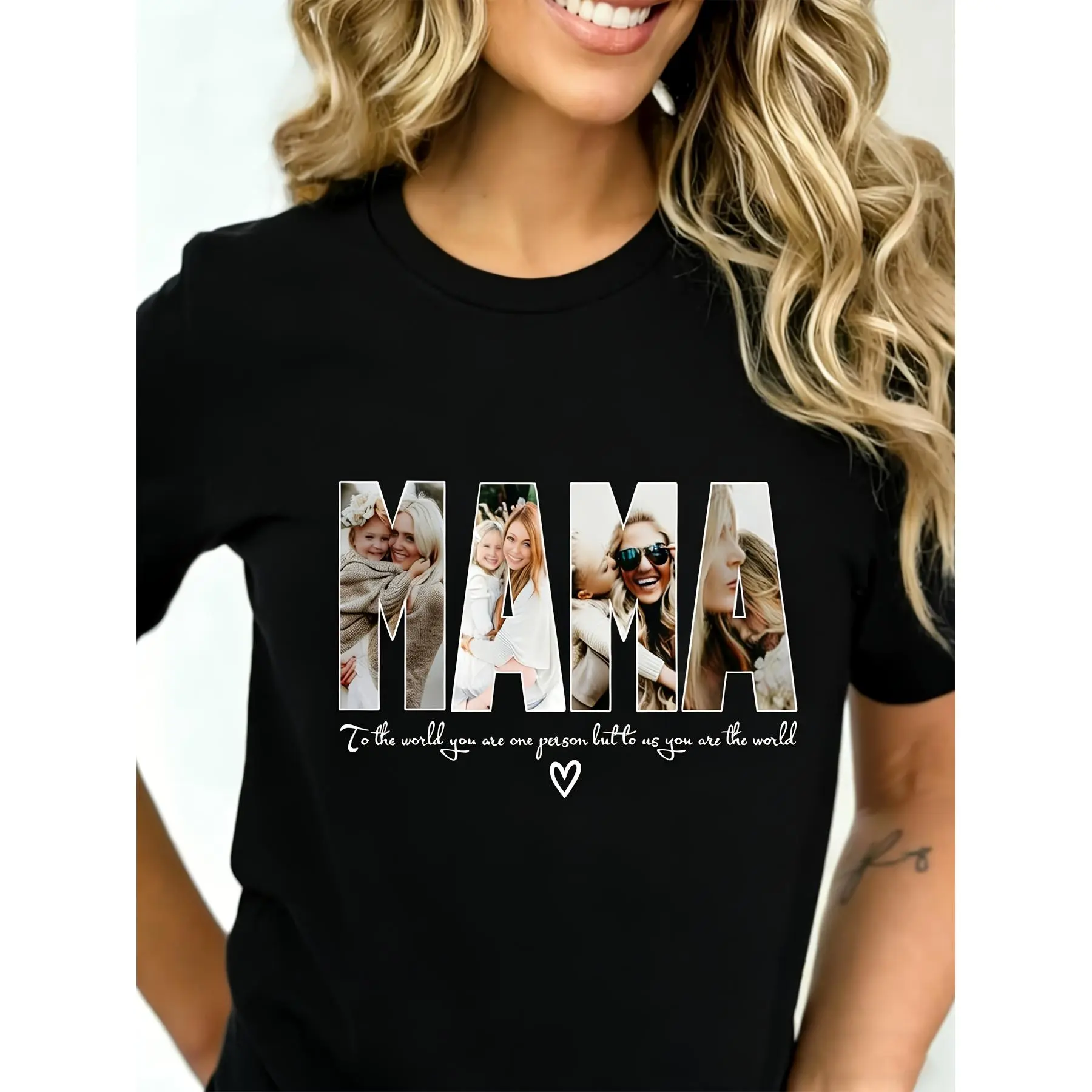 100% Cotton Women Round Neck Short Sleeve T-Shirt, MAMA Family Photo Collage Letter Inspirational Quote Heart Front Print Loose Casual Tee, Sweet Mom Life Sentimental Soft Breathable Summer Daily Wear Top Gift