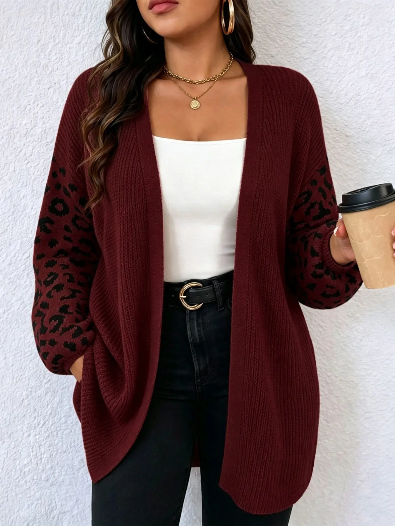 【Plus Size】 Leopard Print Drop Shoulder Split Hem Cardigan, Casual Long Sleeve Open Front Knitwear for Spring & Fall, Gift Set for Women, Women's Plus Clothing for Daily Wear