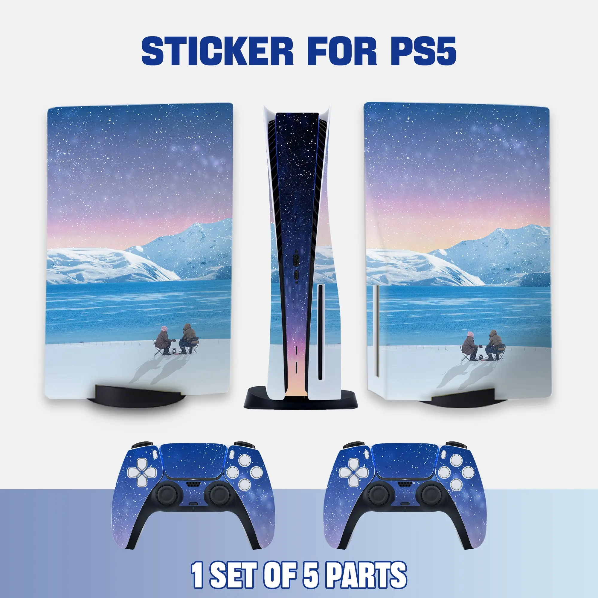 Ps5 Console & Controller Protective Stickers, Starry Snowy Lake Scene Vinyl Decals, Durable Adhesive Film for Gaming Accessories