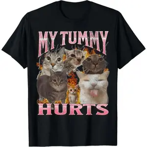 Cotton Gift Tee My Tummy Hurts Funny Cat Meme Bootleg Graphic T-Shirt Soft Breathable Menswear Streetwear Fabric Casual Day th of july trendy retro style long sleeve casual pullover Tax top slim star vintage design Vampire Romance Sweatshirt