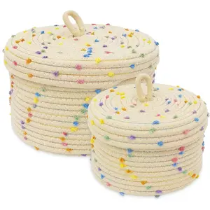 Round Storage Baskets with Lids, Small Storage Baskets Set of 2, Cotton Rope Woven Storage Basket, Small Decorative Basket, Colorful Rainbow Pompom, Cute Storage Bins, Box for storage