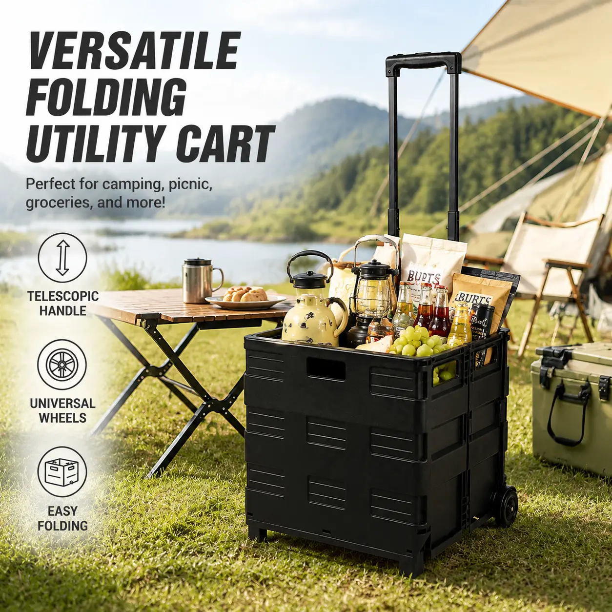 Foldable Rolling Storage Cart with Retractable Telescopic Handle for Grocery Shopping Home Organizing Outdoor Camping