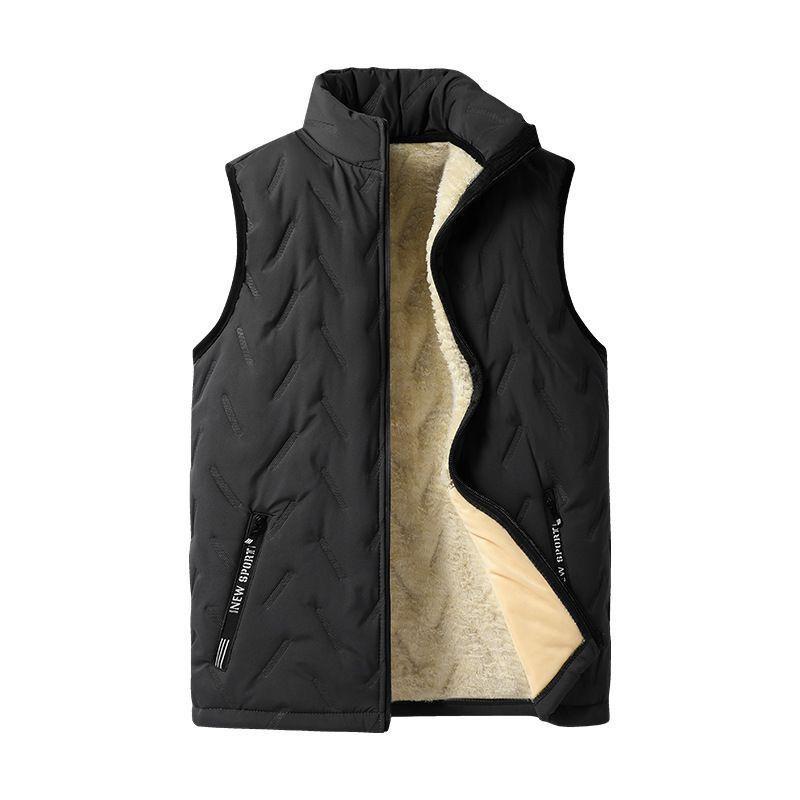 Men's winter thermal vest, wool lining, regular fit, polyester fiber, zipper design, machine washable, casual style, medium size men's top, solid color vest, wetsuit, tractor pattern, beige, black, crew neck, lightweight.