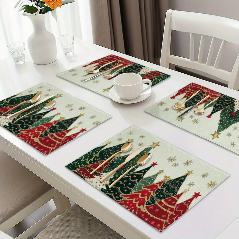 Christmas Tree Printed Placemats Set, 4-Piece Washable Table Mats for Kitchen Decor, Festive Holiday Dining Accessories