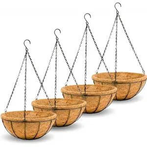8 inch Metal Hanging Baskets For Plants Outdoor 4 Pack Round Metal Wire Hanging Basket Planter with Coco Fiber Liners Chain Round Wire Plant Holder for Garden, Patio, Deck, Porch Plants Flower Potss