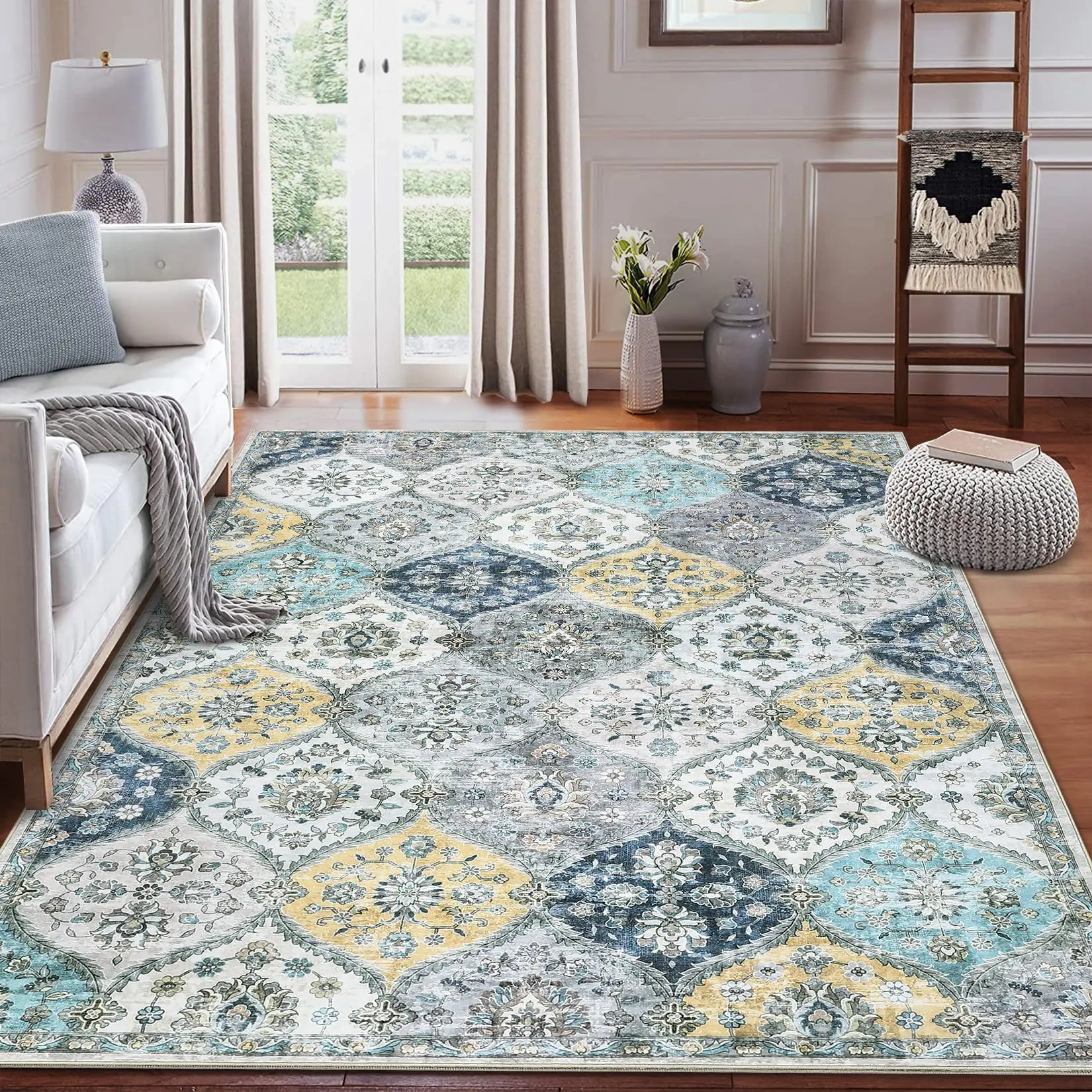 Garvee 9x12 Area Rug Large Moroccan Trellis Machine Washable Rug Vintage Medallion Distressed Accent Rug Stain Resistant Non-Slip Floor Cover Carpet Rug for Living Room Bedroom, Blue/Yellow