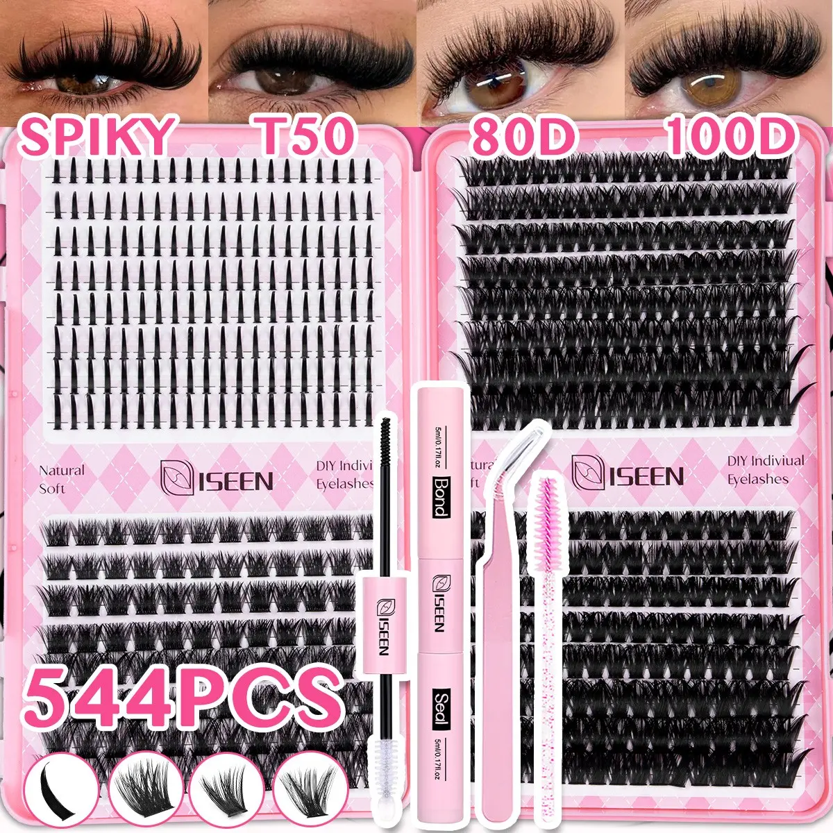 Mixed Styles Lash Clusters Kit,1 Set Mixed Length Individval Eyelash Extensions Kit,Self Grafting False Eyelashes with Brush，Tweezers&Bond and Seal &Remover,Prefessional Eye Makeup Accessories for Women