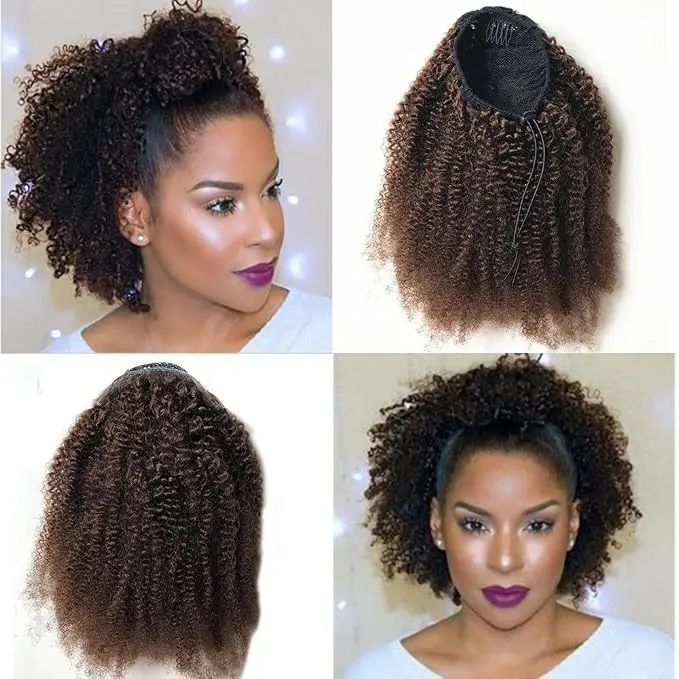 Chololate Brown Quick Weave Human Hair Extensions, Binf Drawstring Ponytail Afro Curly Remy Clip In Curly Ponytail 8-26 Inches, Color #4