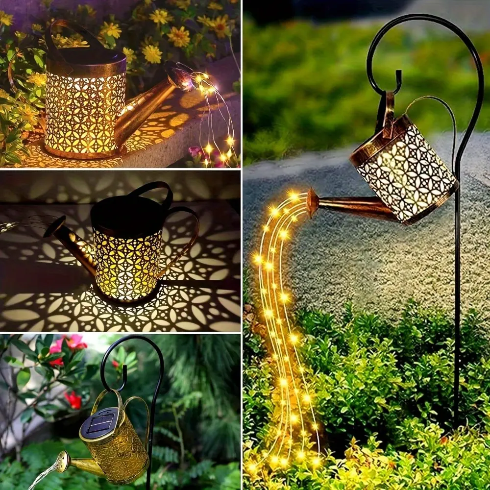 1pcs Solar Led Watering Can String Lights – Retro Metal Lantern with Hook, Hollowed-out Design for Outdoor Garden Table Patio Yard Pathway Walkway Decor, Solar Powered Auto on/off, Perfect for Christmas Halloween Holiday Ambiance