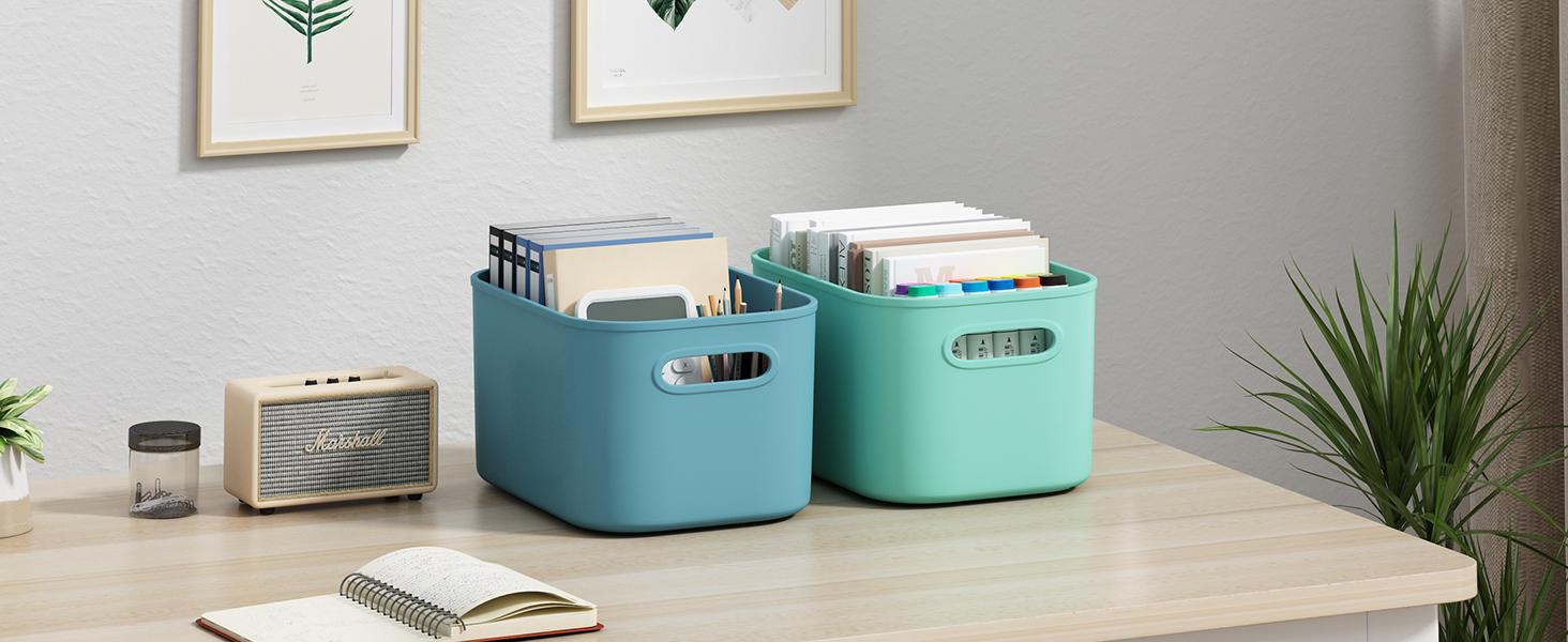 PLL 8 Pack Colorful Storage Bins with Lids Stackable Storage Container for Organizing, Storage Boxes with Handle for Shelves, Cute Storage Bin for Craft, Snacks, 9.85x6.9x5.7 inch